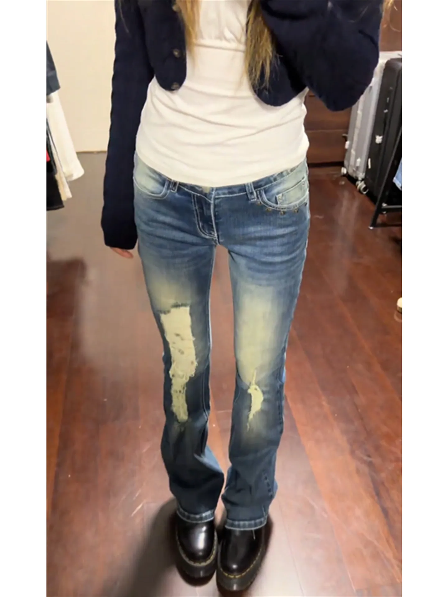 High Waist Flared Denim Jeans Women's Tight Elastic Hole Punch Millennium Casual Cotton Bell Bottoms Summer Jeans