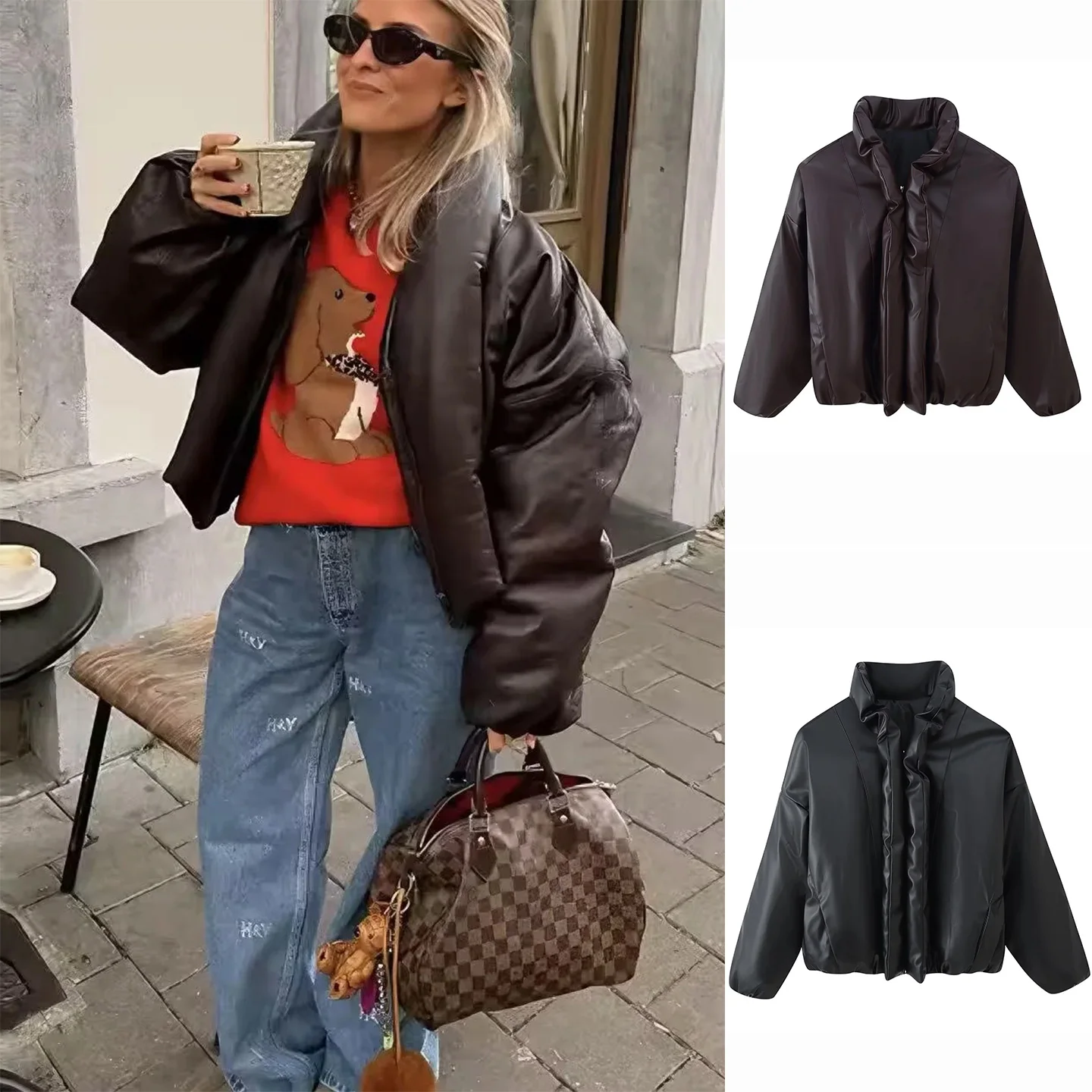 

Новое зимнее женское свободное длинное пальто из искусственной кожи размера плюс Jaet, украшенное молнией, хлопковое пальто с высоким воротником, модная верхняя одежда