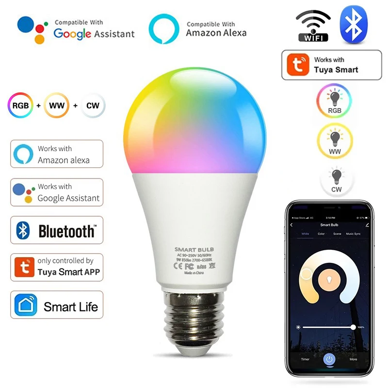 Tuya WiFi Bluetooth Smart Bulb RGBCW 85V-265V LED Light Bubble Smart Life App Control Support Alexa Google Home Assisatnt Bulb