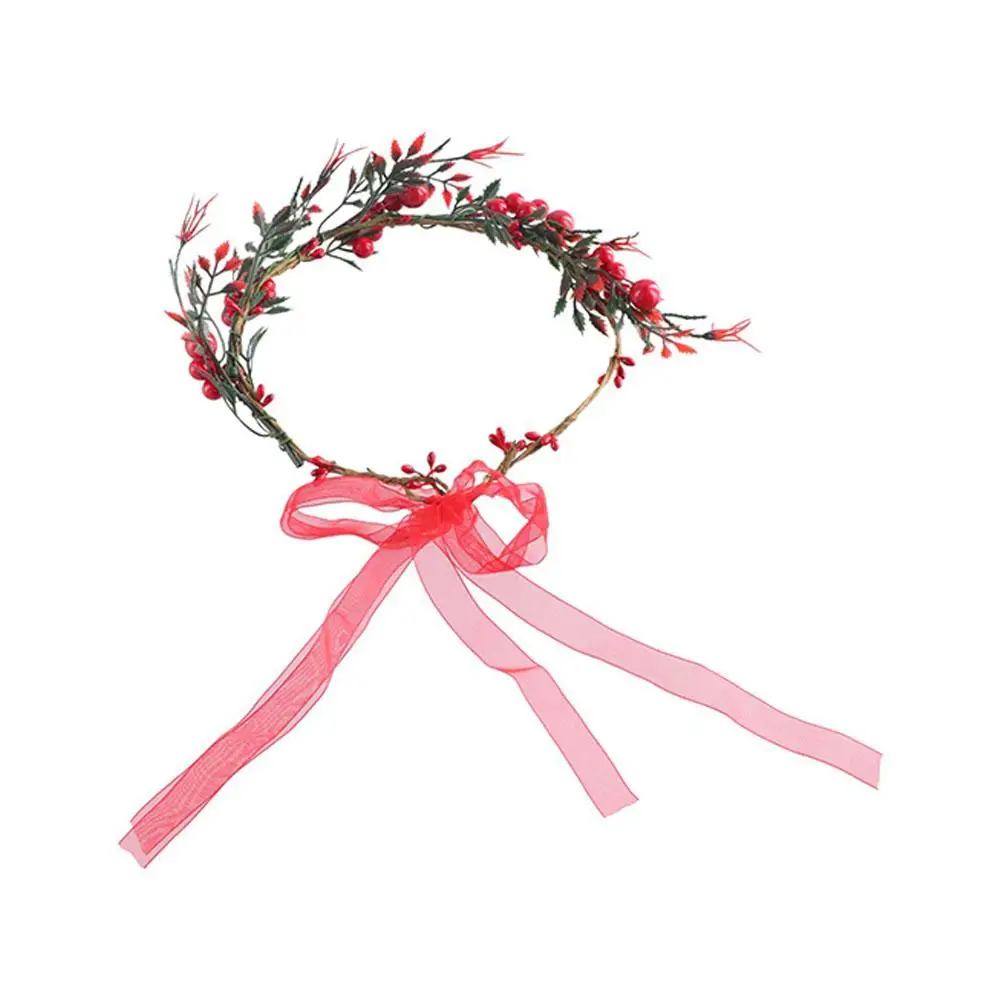 Hairband Christmas Headband Rose Flower For Girls Red Berry Garland Women Headwear Wreath Decoration Crown Flower Headband