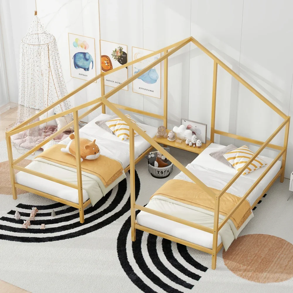 Children Beds Metal Double Triangular House Bed with Built-in Table,Toddler Bed Kids Bed Bunk Beds for Kids Suitable for Twins