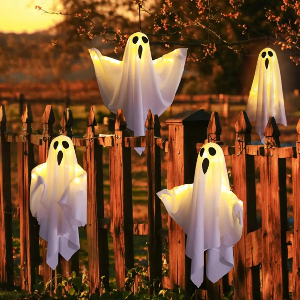 Bendable Halloween Decorations Spooky Hanging Ghost Signs with String Lights for Outdoor Halloween Decorations Battery for Front