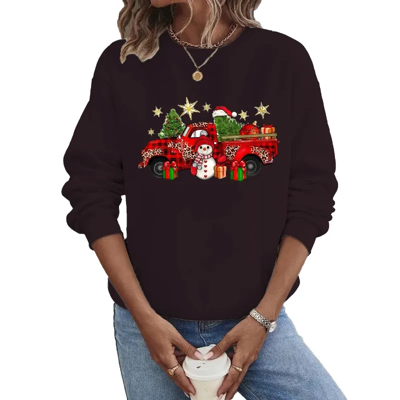 Crew-neck Hoodie Europe and The United States Christmas Long-sleeved Hot Christmas Truck Print Casual Streetwear Women