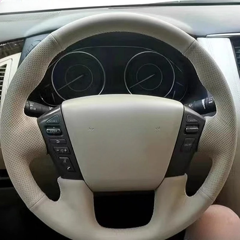 

For Infiniti QX56 QX80 Hand-stitched non-slip Beige genuine Leather Car Steering Wheel Cover