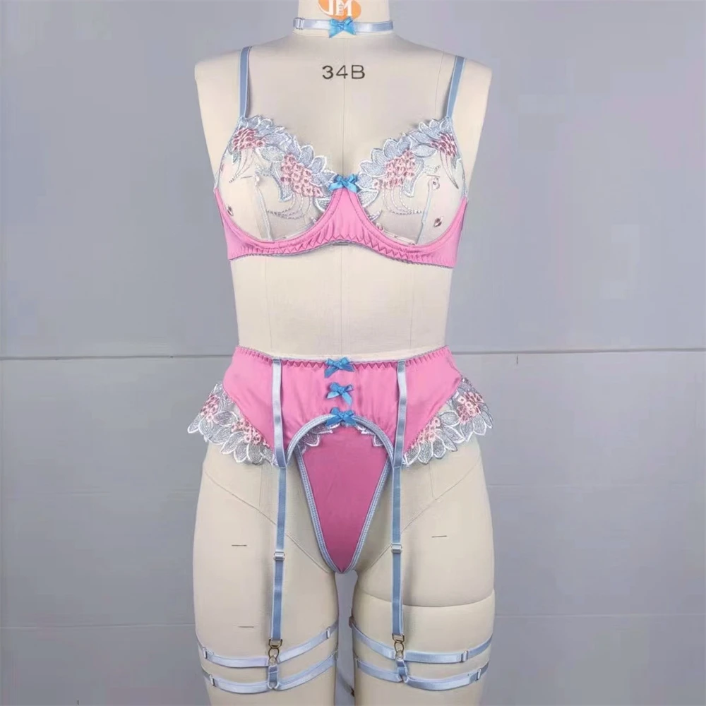 Lencería Sexy de lujo, tangas con sujetador transparente, ropa interior transparente femenina de 4 piezas, trajes de encaje erótico, conjunto de liguero delicado