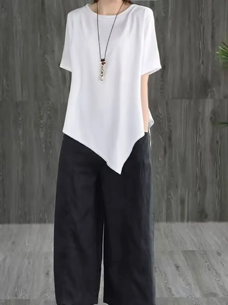 Loose Casual Solid Color T-Shirt round Neck Short Sleeved Irregular Diagonal Hem for Women