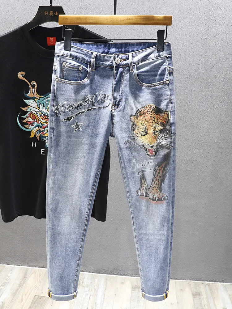 2024 New Fashion Cheetah Printed Jeans Men's Fashion Wash Stretch Street Cool Trendy Casual Slim Fit Skinny Pants