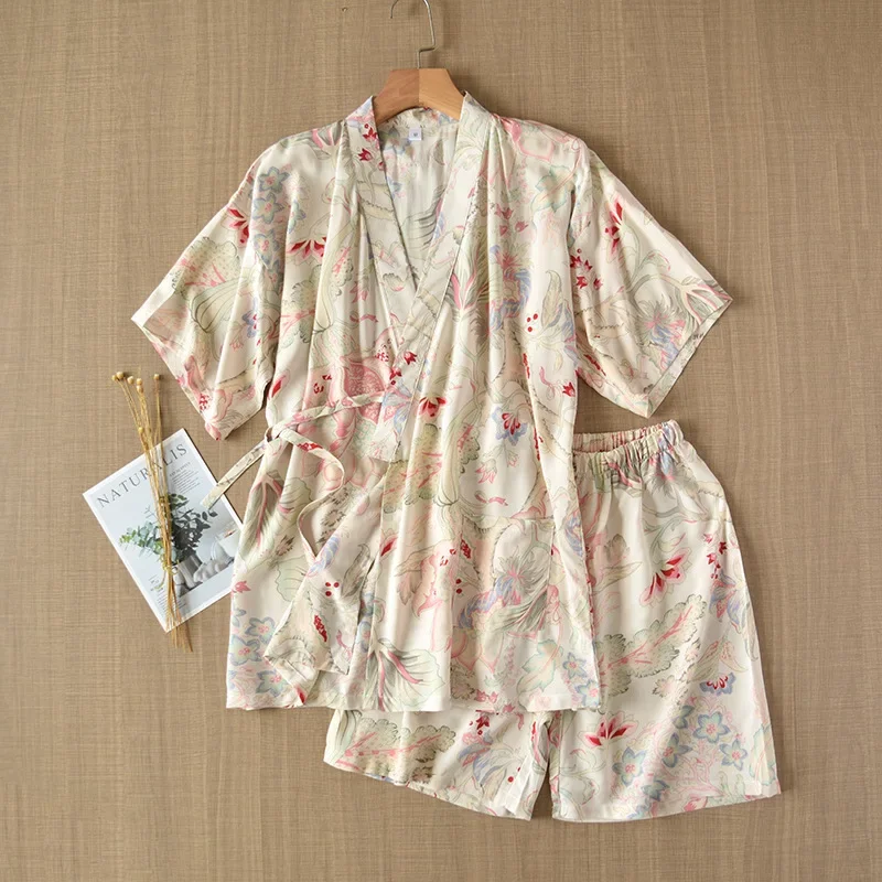 Conjunto de pijama de kimono japonés para mujer, ropa de casa de fibra viscosa, pantalones cortos de manga corta, rosa, Verano