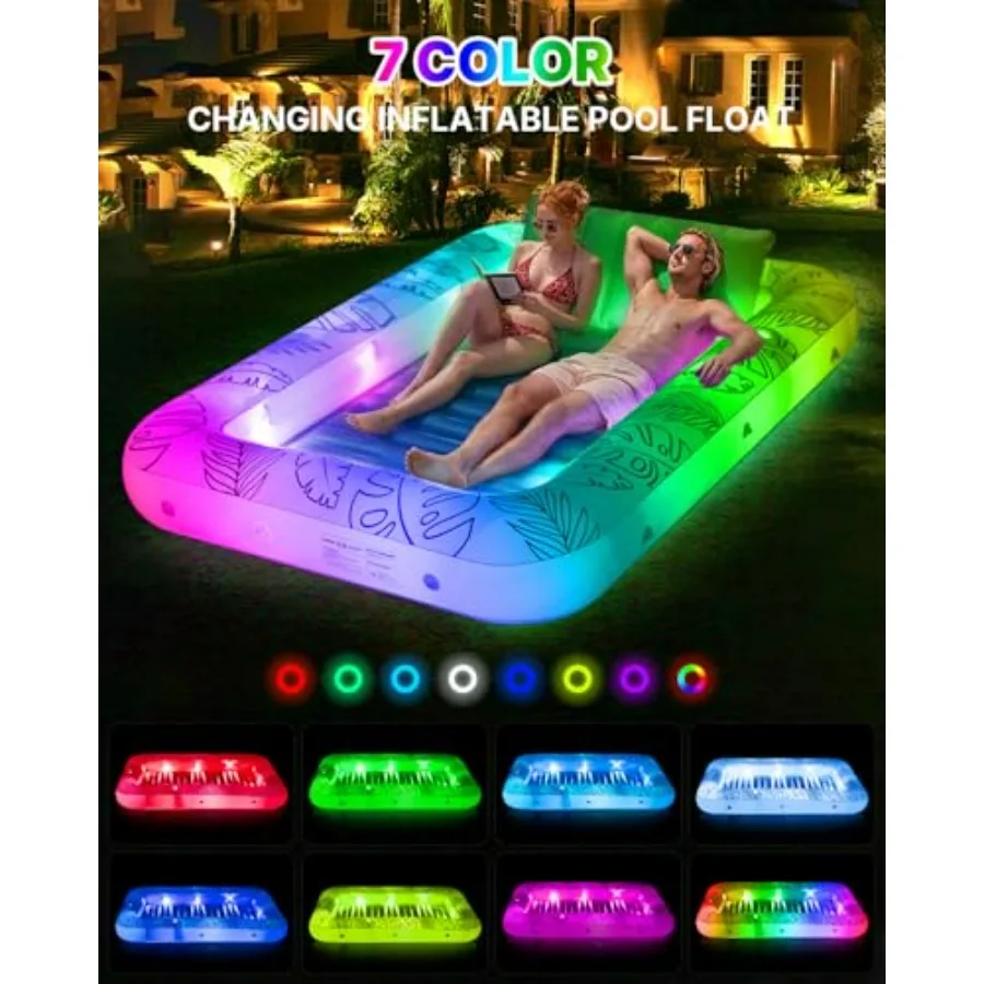 XL inflatable tanning pool float for 2 adults, PVC, blue, extra-large 85 x 59 with built-in lights, pillow, cup holders, and 4-