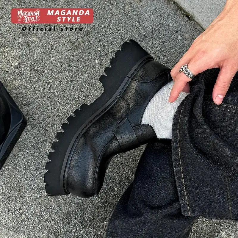 Real leather loafers men's new niche thick soled small leather shoes British style slip in  versatile casual big toe shoes