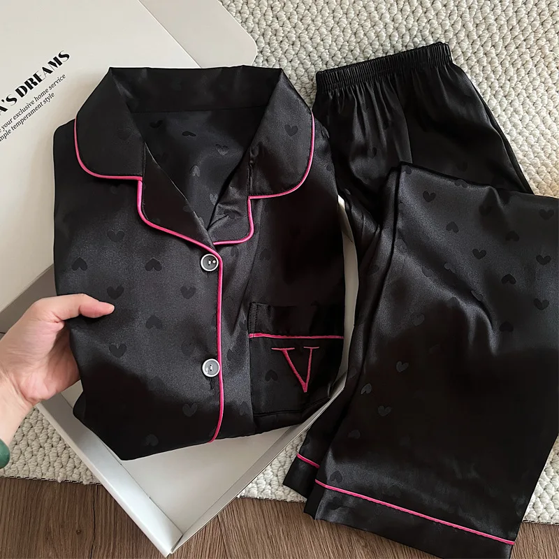 

Spring and Summer Women's Hot Selling Ice Silk Sleepwear Home Suit Set, Love Printed Loose Long and Short Sleeved Home Suit Set