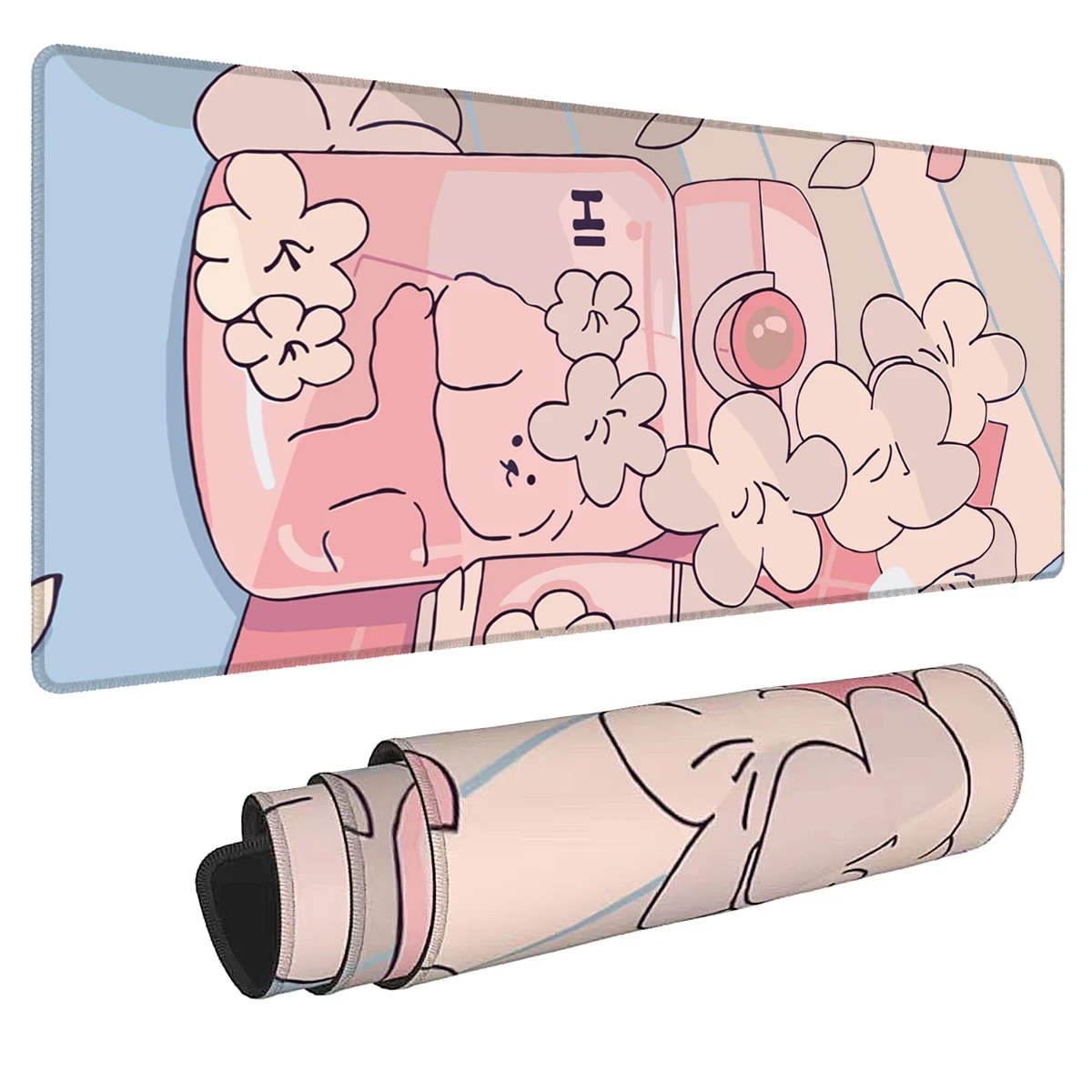 1pc Pink Flowers Bear And Glassbottle Mouse Pad Multi-Size Non-Slip Stitched Edge Computer Keyboard Desk Mat For Office And Gift