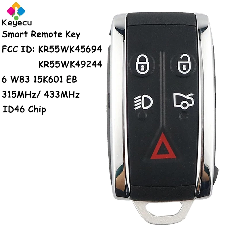 Keyecu chave remota inteligente do carro com 5 botões 315mhz 433mhz id46 chip para jaguar xf xk xkr x-type s-type fob kr55wk45694 kr55wk49244