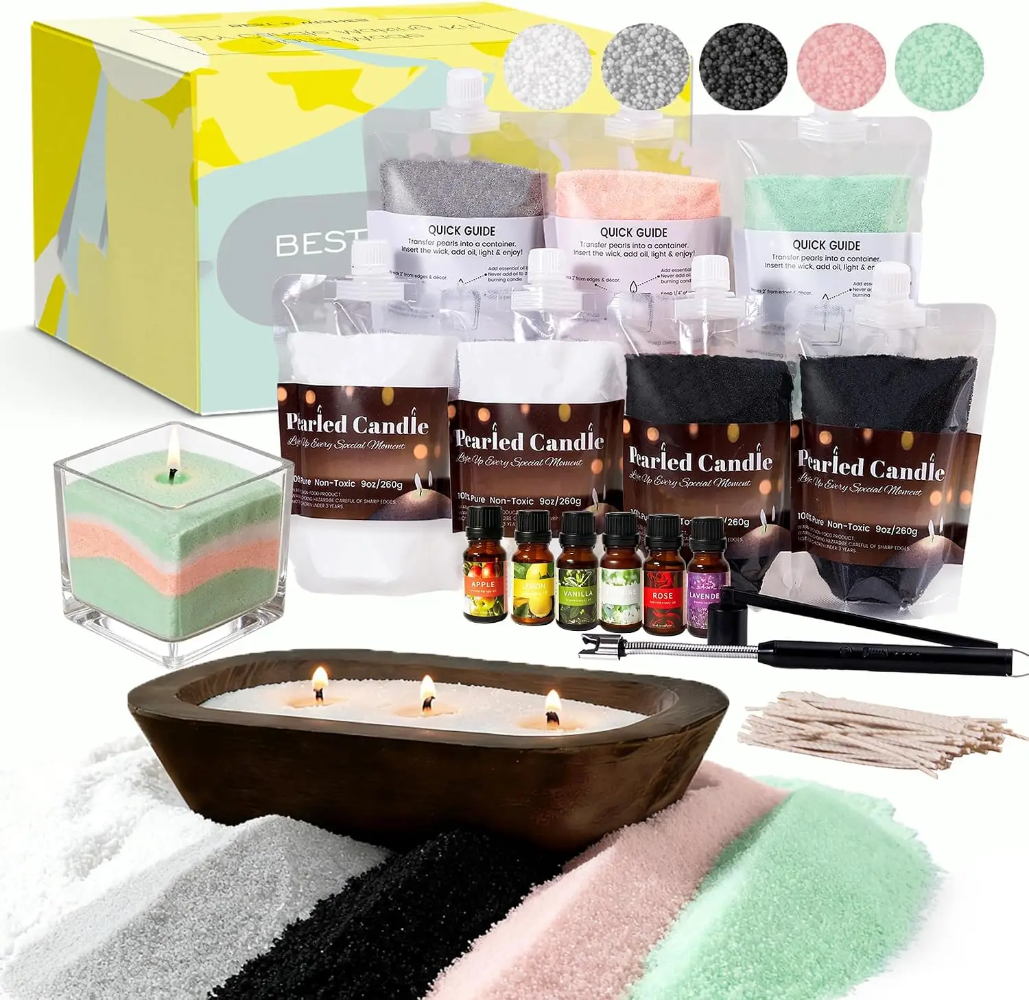 64 Oz Pearled Candle Sand with Wicks - 4 Lb Colorful Sand Candle Kit with Wooden Dough Bowl & Fragrance Oils - DIY Refillable Pearled Candle for Home Decor