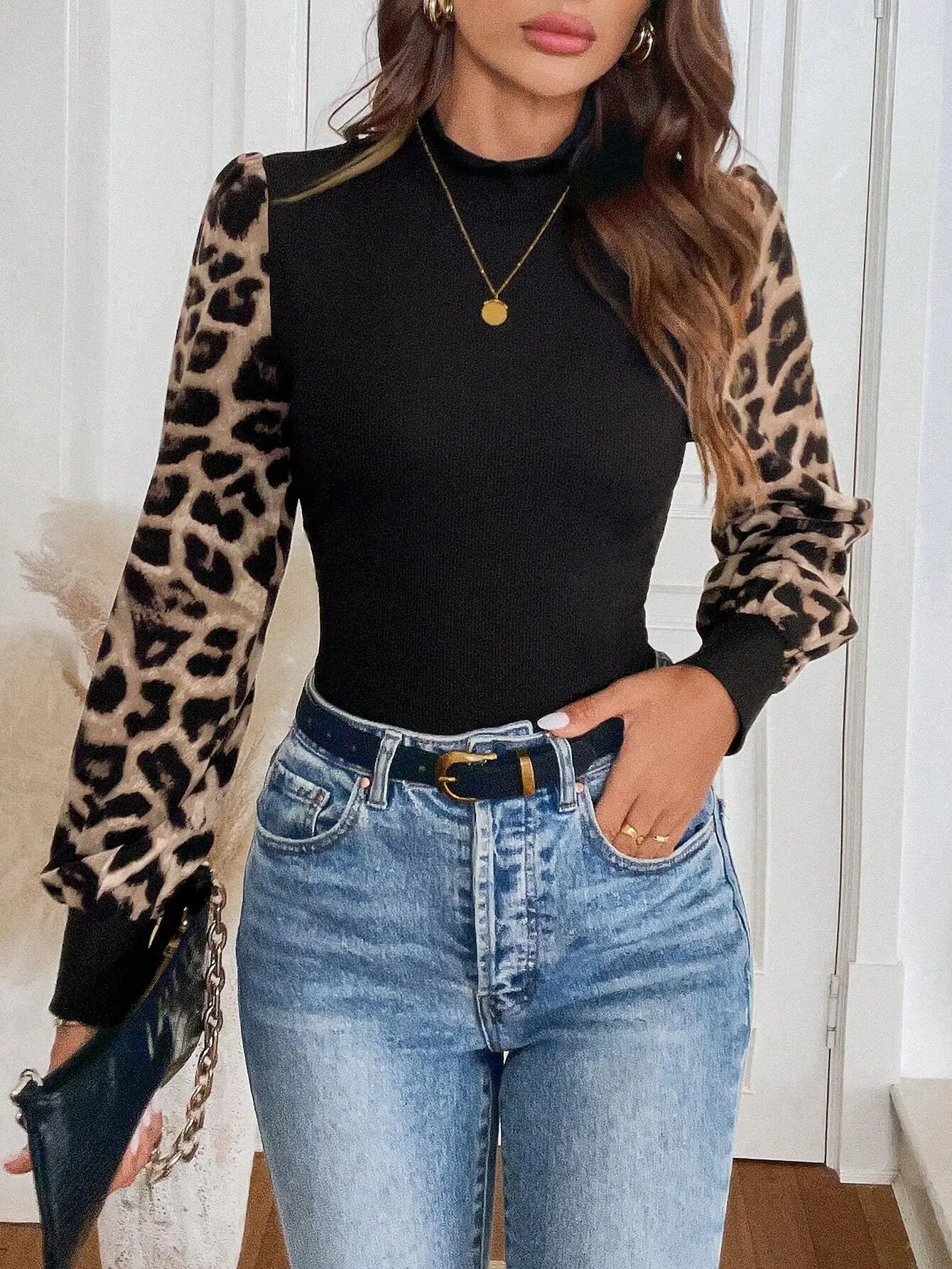 

Women's Leopard Print Puff Sleeve High Neck Blouse - Casual Office & Autumn Winter Top