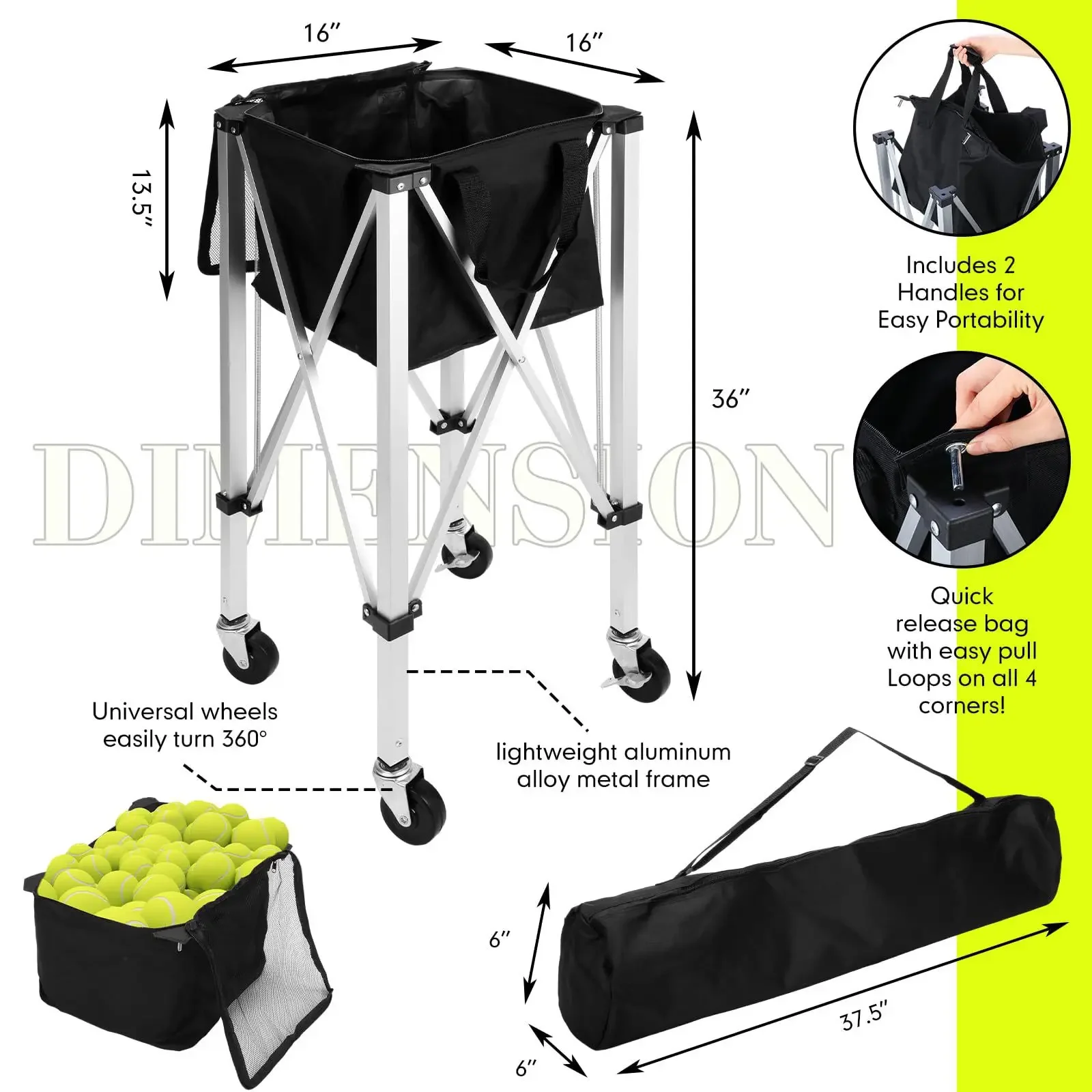 

Tennis Ball Cart Holds Foldable 150 Tennis Balls Basket Hopper with Wheels Sports Teaching Portable Baseball Trolley