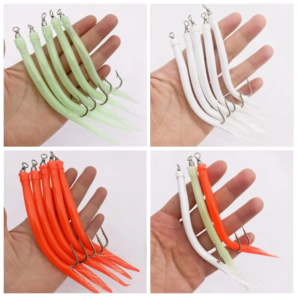 5PCS 6/0 8/0 10/0 Eel Tube Jig Bait Shank Luminous Offset Hook Barbed Eel Fishing Lures Rolling Swivel Long Shank Sabiki Rig