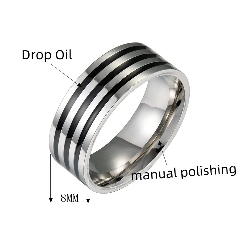 Classic Mens Wide Rings Dropping Oil Black Three Line Design Ring Men Women Hip Hop Stainless Steel High Quality Jewelry Gifts