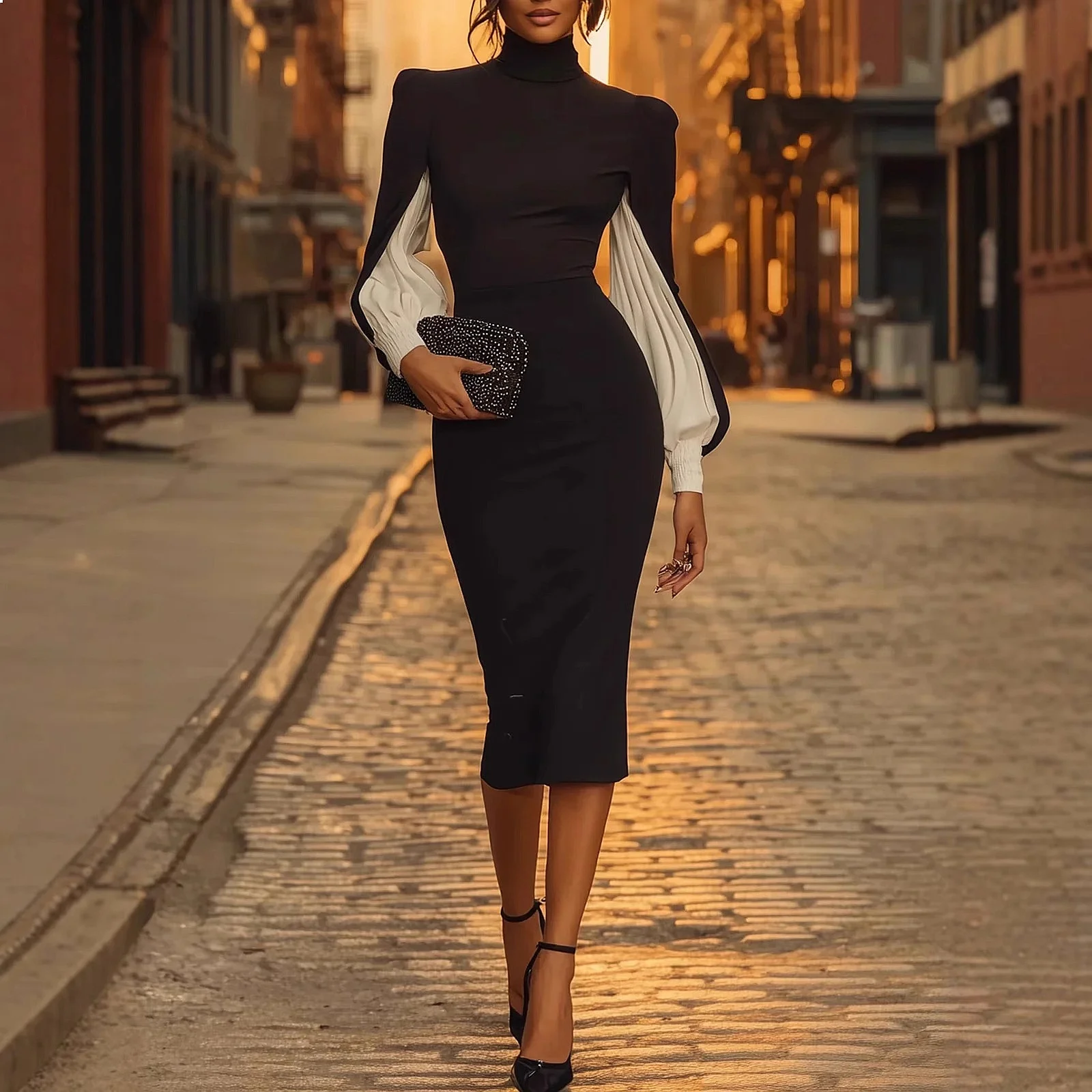 Spring Summer High Neck Color Block Bodycon Dress with Slit, Dresses for Women Elegant Party Wear