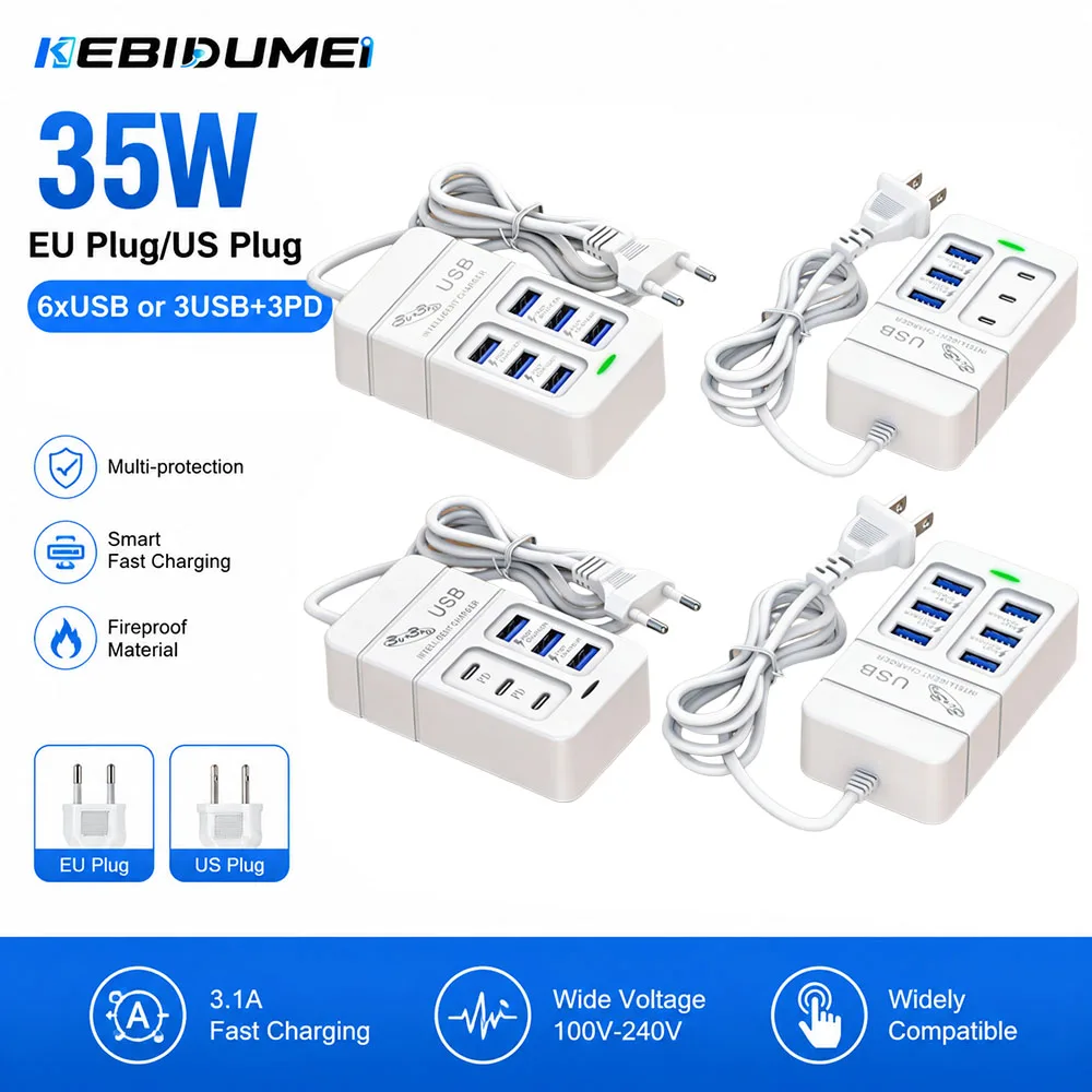KEBIDUMEI 6-Port USB-Ladegerät 35W Typ-C Handy-Schnellladegerät USB-Dockingstation Wandladegerät EU-US-Stecker