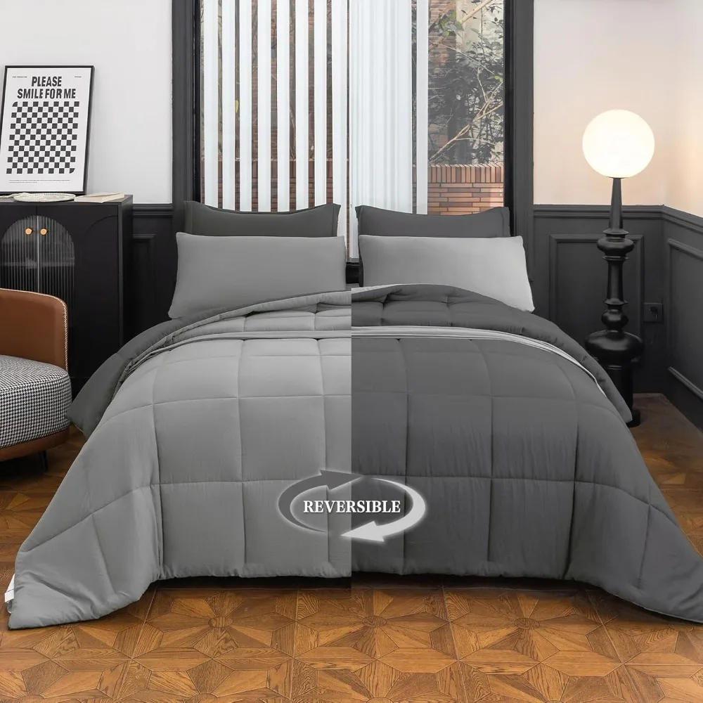 8-Piece Gray Luxury Bedding with Reversible Microfiber Lightweight Comforter, Bed Skirt, Flat Sheets