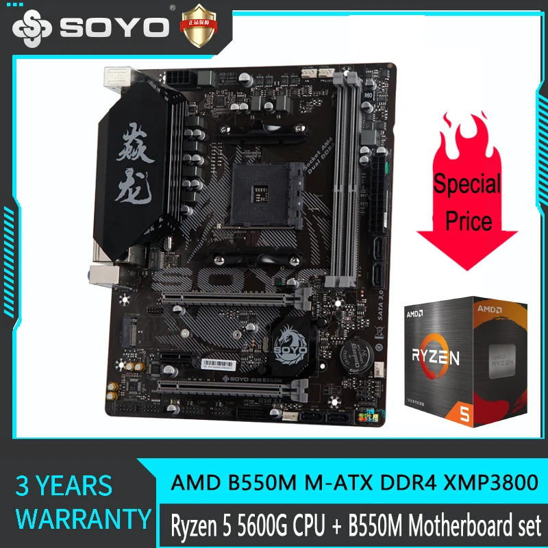 SOYO Motherboard Kit AMD B550M with Ryzen 5 5600G CPU M.2 Nvme/Sata PCIE4.0 for Desktop Computer Gaming Mainboard Combo