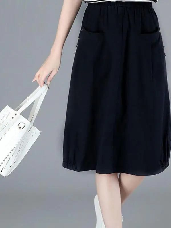 

Pure Cotton High Waist A-Line Midi Skirt Women's Spring 2025 Loose Fit Casual Elastic Waist Slimming f-length Skirt