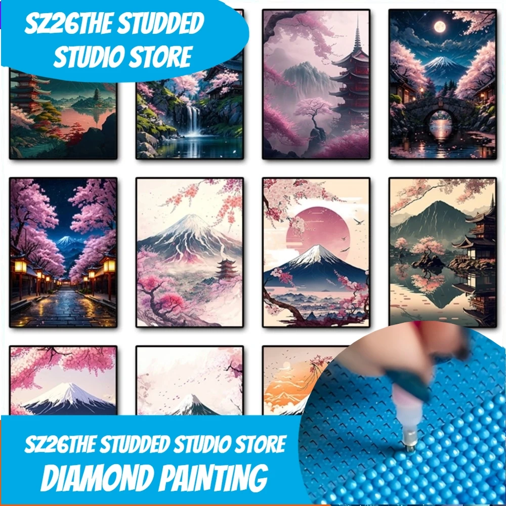 

Sz26Новый японский Cherry Blossom Fuji Mountain Sunset Tokyo Пейзаж Алмазная картина Настенная картина Домашний декор для комнаты
