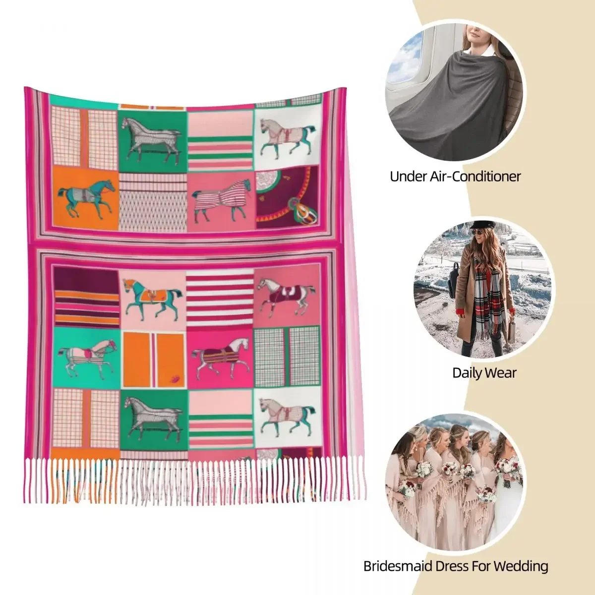 الحصان الكرتون شال التفاف للنساء الشتاء وشاح طويل ناعم عشاق الحيوانات منديل شال الأوشحة
