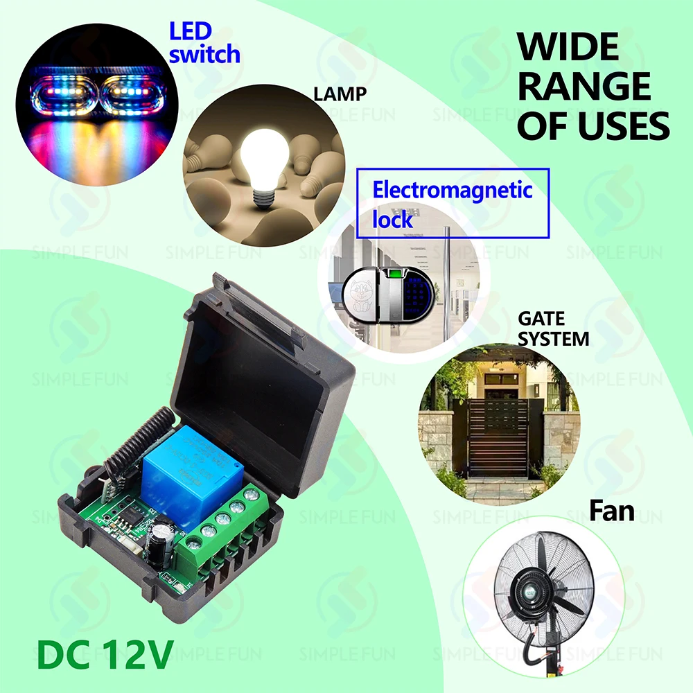 433Mhz Wireless Remote Control Switch DC 12V 10A 1CH Relay Module 50M Transmitter for Light/Electric Door/Electronic lock/Fan