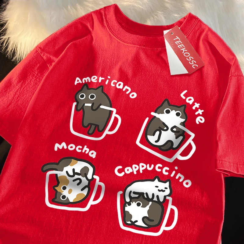 American Style Coffee Cat Japanese Style Tshirts Man Casual Breathable Cotton Loose Summer T-Shirt Loose Cotton Oversize T Shirt