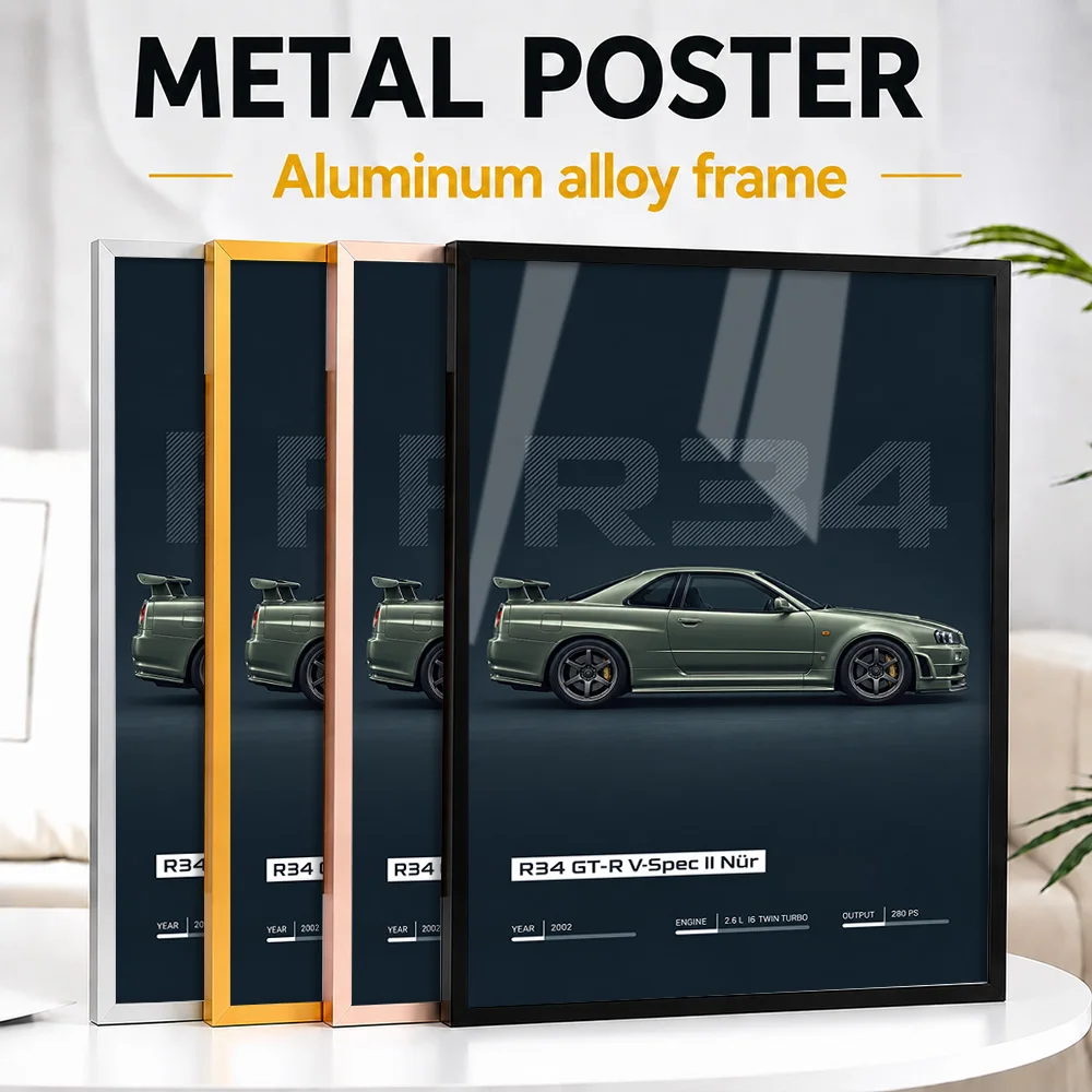 Japanese R34 GT-R V-Spec II Nür Millennium Jade Sports Car Framed Metal Poster Customized Garage Legacy Wall Art For Game Room