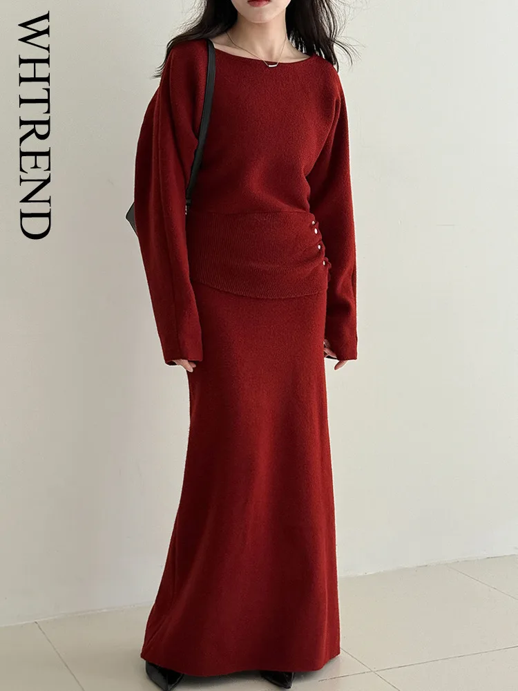 

WHTREND French Style Waist-Cinching Sweater Top + High-Waisted Knitted Long Skirt Elegant Set For Women Christmas Clothes WH1872