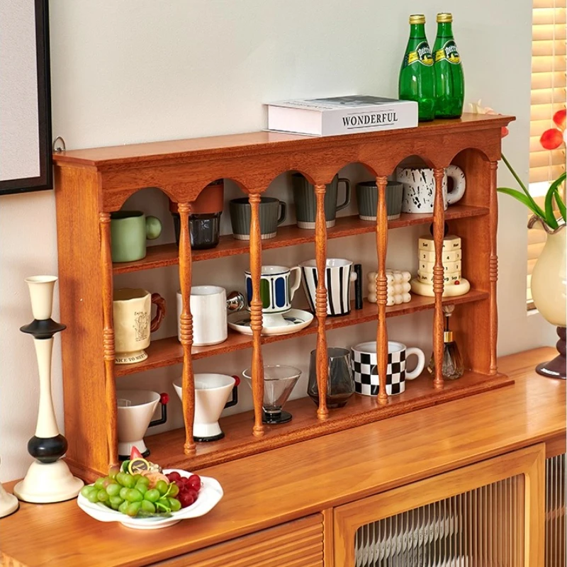 Wooden Cup Holder Wall Mounted Coffee Mug Display Rack Rustic Kitchen Organizer Mid-Century Decorative Shelf for Dining Room