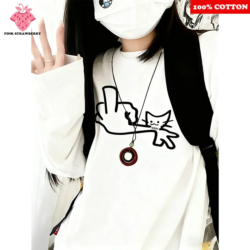 

Funny Middle Finger Print T-shirt Women Autumn 2025 New 100% Cotton White Long sleeves T-shirt Loose Y2k Top Ladies Clothing