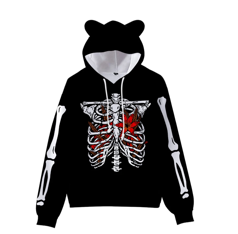 

3D Printed Skeleton Skull Heart Hoodies Sweatshirts Halloween Cat Ears Pullovers Teens Boys Girls Sweatshirts Women Men Clothes