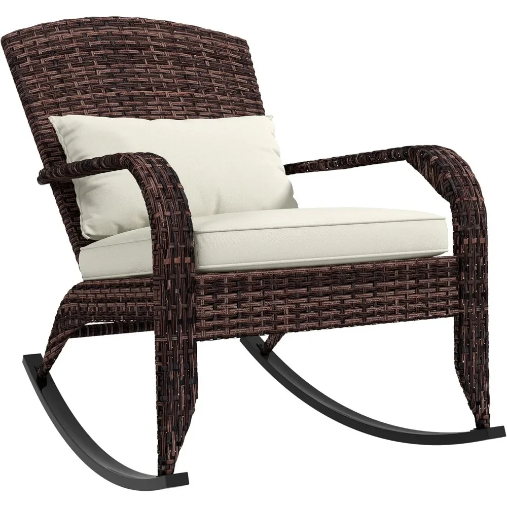 

Outdoor Wicker Adirondack Rocking Chair, Patio Rattan Rocker Chair with High Back, Seat Cushion, and Pillow