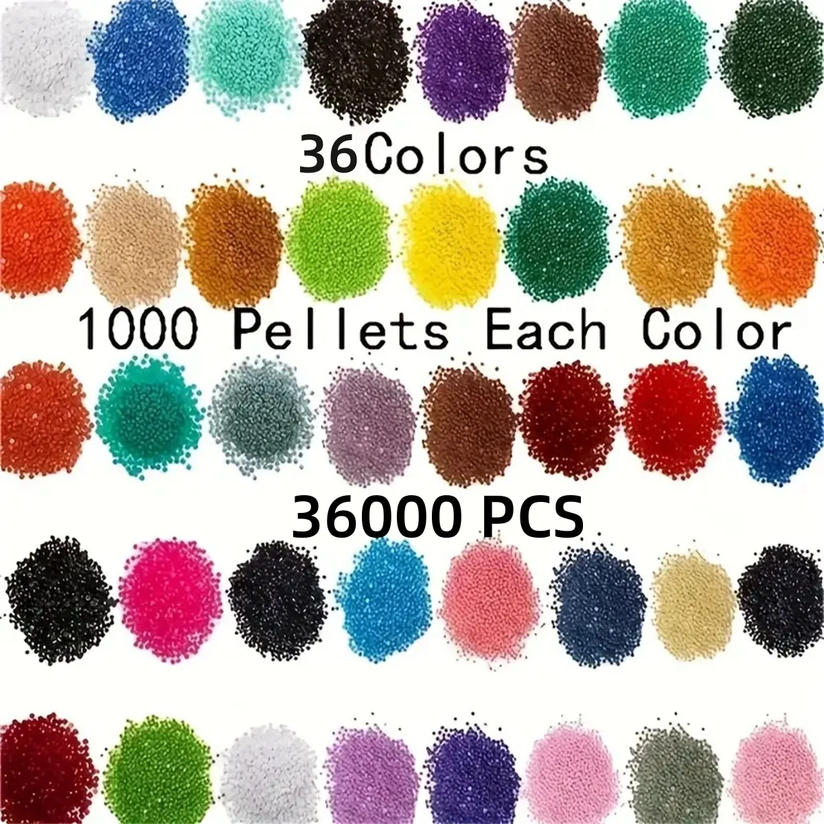 36,000 diamond art crystal beads per set. Each 1,000 beads are randomly colored with 36 types of diamond paintings