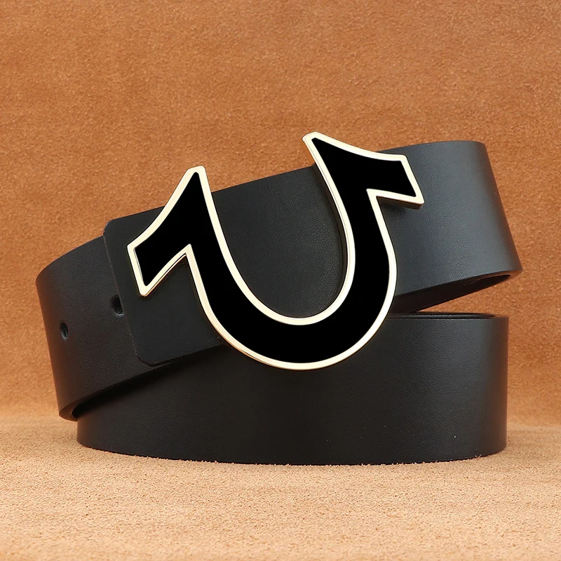 High quality designer fashion Horseshoe buckle 3.8cm wide men belts smooth genuine leather Black waist strap cow hide