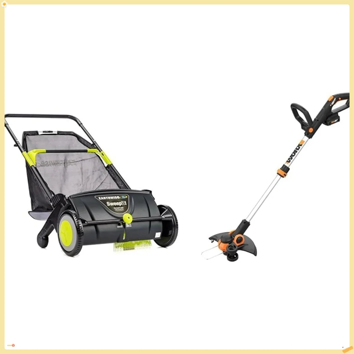 Paquete de barredora de césped con empuje de hojas y césped de 21 pulgadas de ancho, bordeadora y cortadora de malas hierbas, 2 baterías y cargador