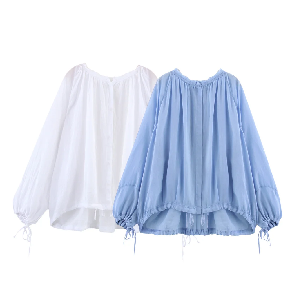 

Women's Summer New Casual Style Simple and Loose Long Sleeve Blended Round Neck Solid Color Shirt