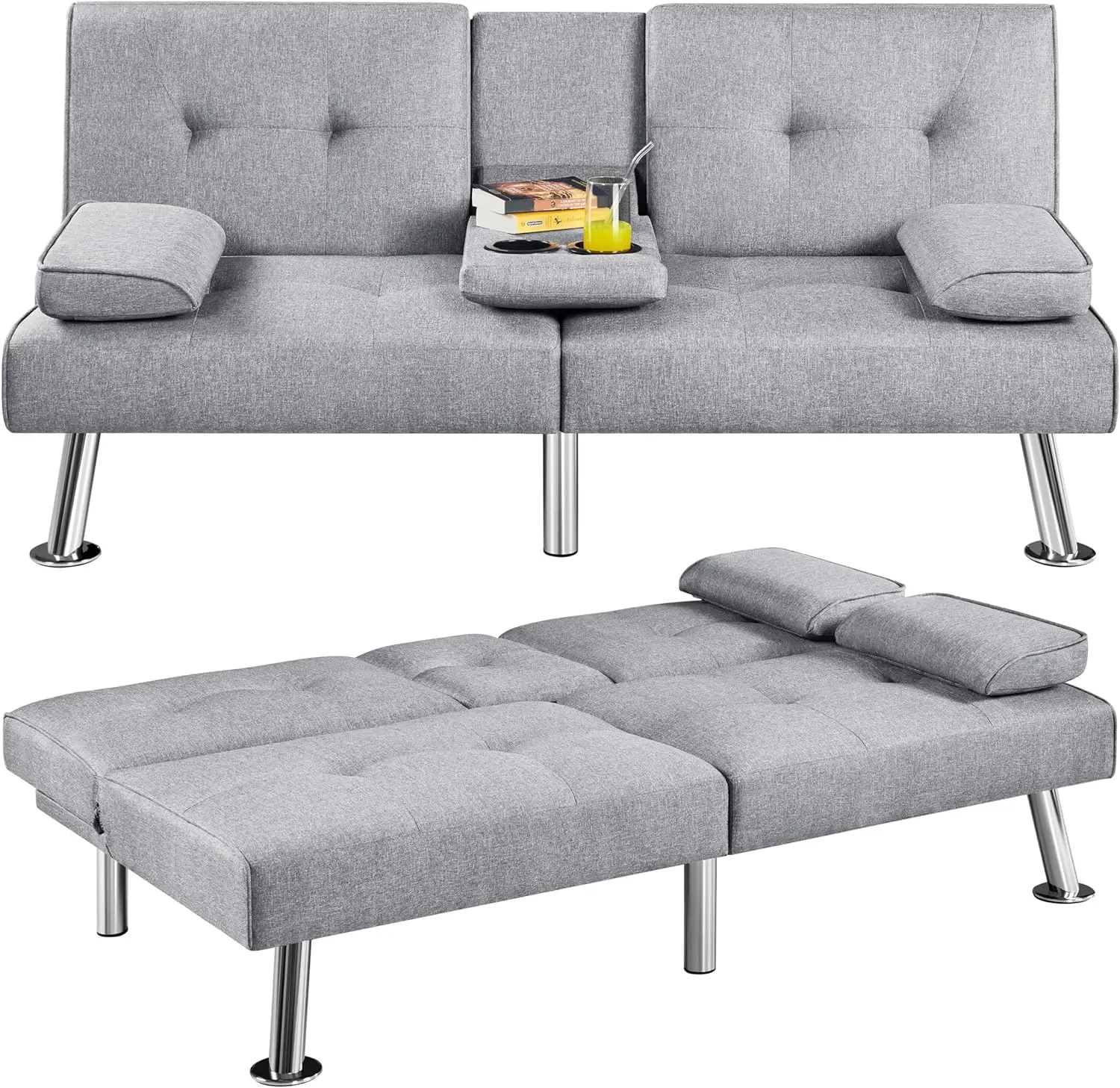 Convertible double sofa bed, adjustable, double-sided folding, detachable armrests, cup holder, 3 angles