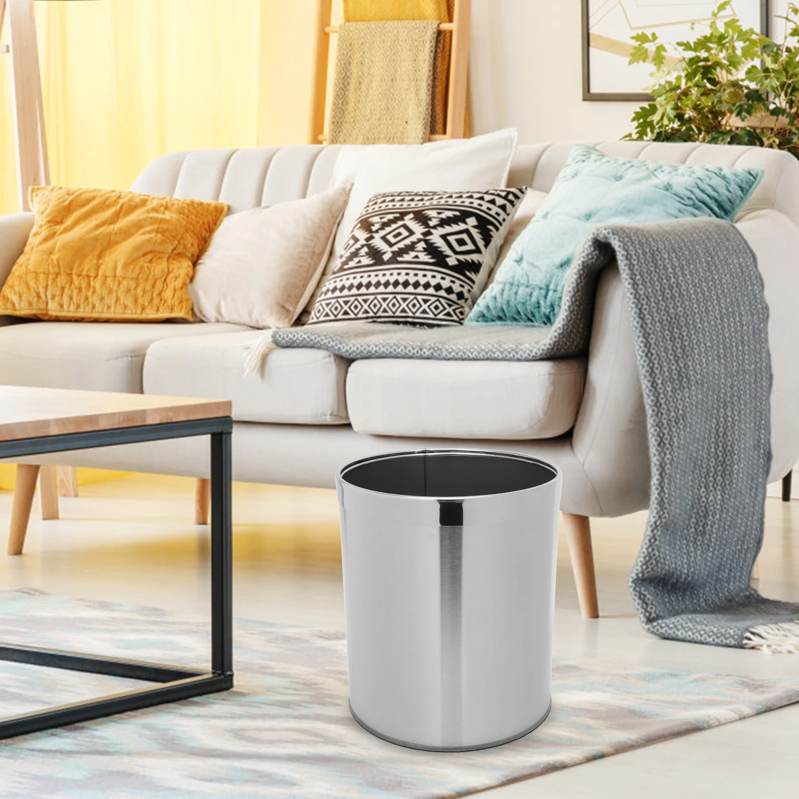 

Stainless Steel Trash Can Round Wastebasket Garbage Container Bin Small Bathroom