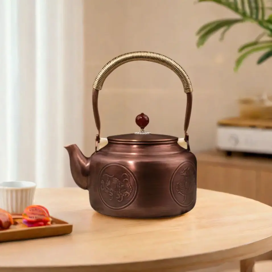 Pure Copper Auspicious Beast pot, Handmade tea kettle, Tea making copper pot, Large capacity boiling water kettle for home, 1.4L