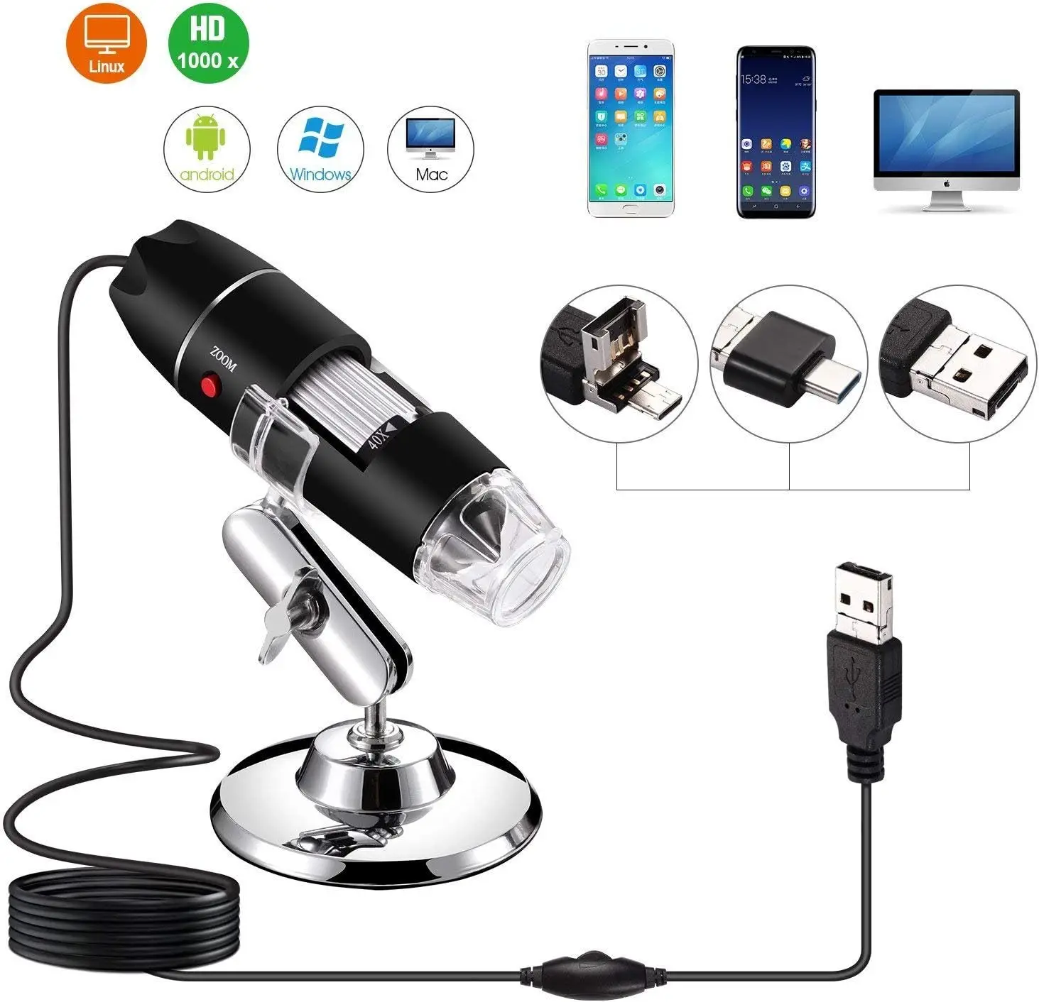 

1000X HD Digital Microscope Mini Camera with OTG Adapter USB Metal Stand Compatible with For Mac Window 7 8 10 11 Android Linux