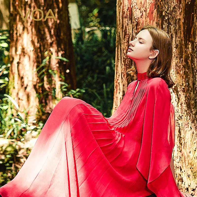 

VOA Silk Double Layer Georgette Red Half High Collar Organ Pleated Loose Flying Sleeves Lightweight Breathable Art Dress AE2172