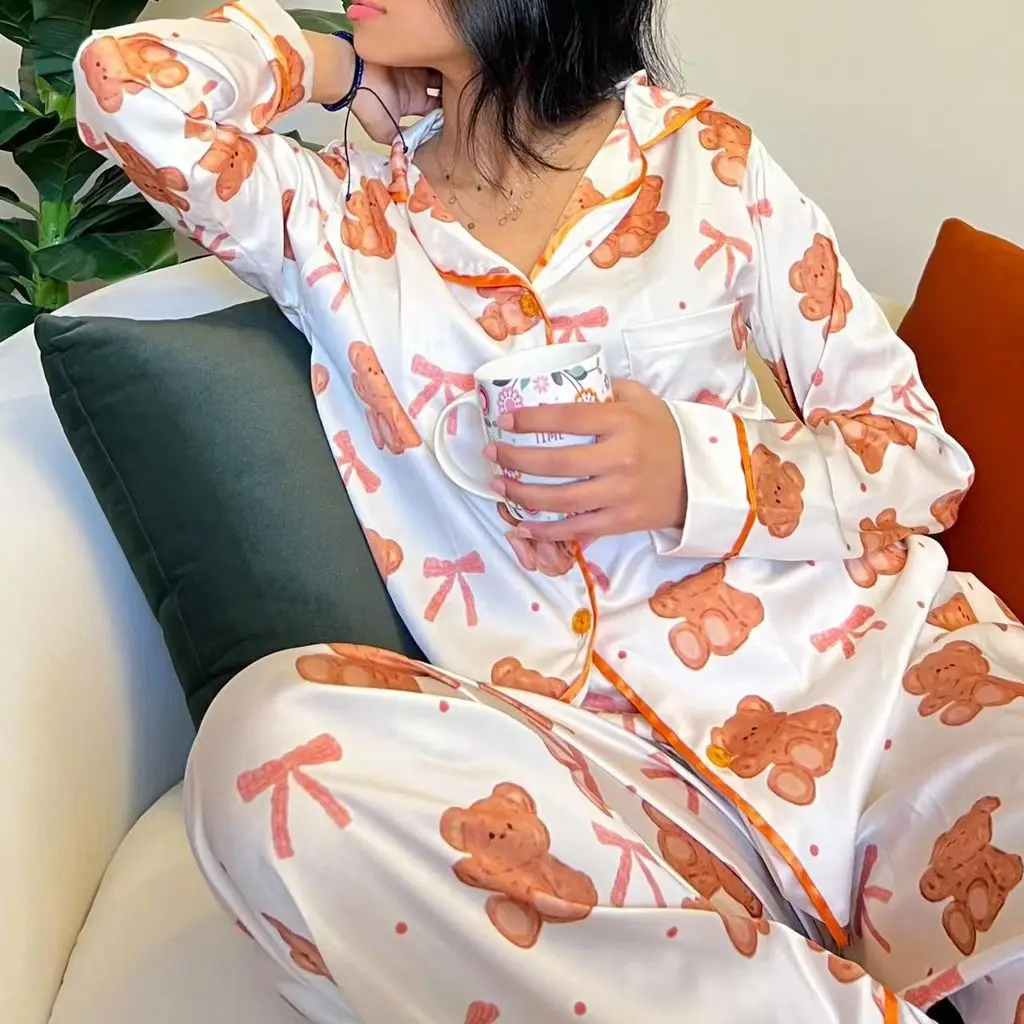 Women's Y2K Kawaii Bow/Bear Print 2Piece Satin Pajamas Loungewear Set Long Sleeve Lapel Neck Button-up Shirt+Elastic Waist Pants