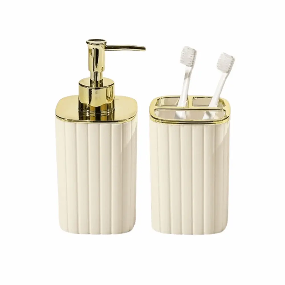 2PCS Boho Style Bathroom Accessories Set Vertical Stripes ABS Bathroom Supplies Soap Dispenser & Toothbrush Holder