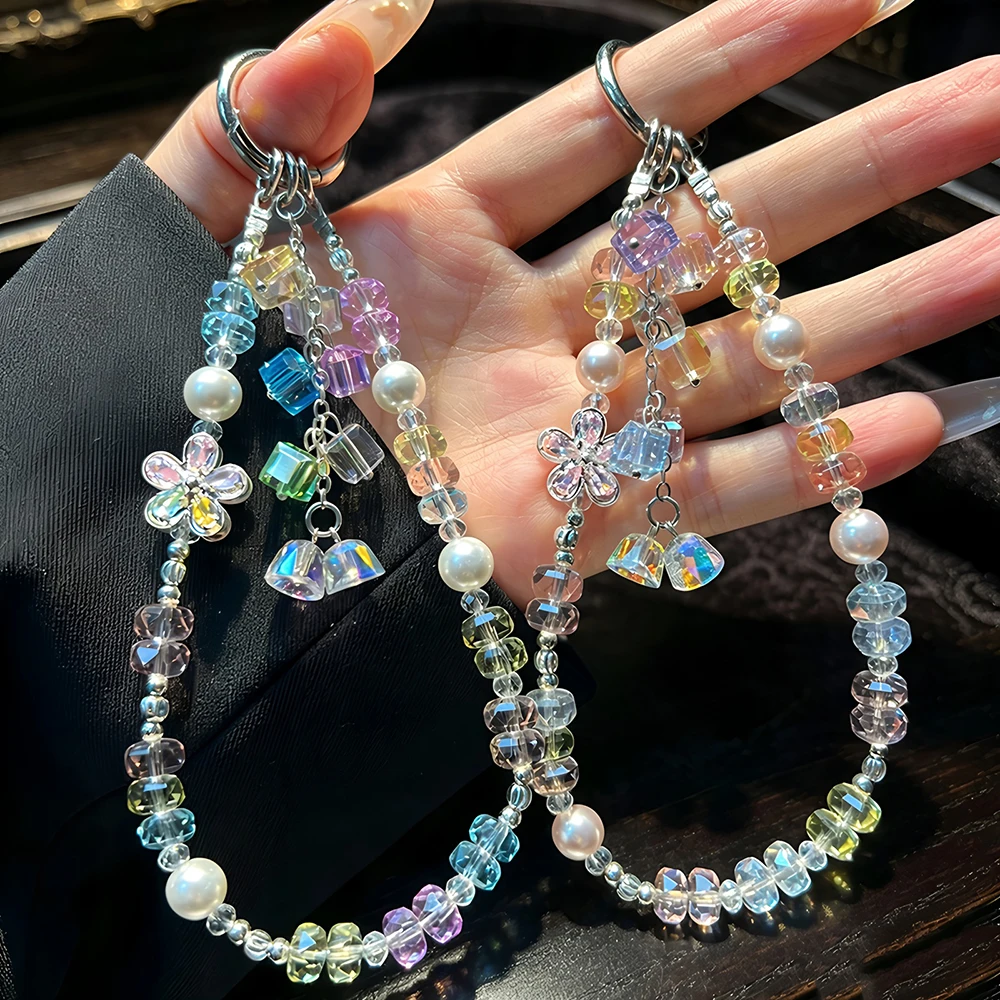 Iridescent Sunflower Crystal Phone Charm,Soft Pearl Beads,Dopamine  Style,Phone Bag Key Accessory,Adorable Gift for Girls