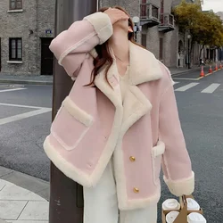 Imitation cashmere jacket women's short winter fur solid color loose splicing long sleeve small Korean version thickened new